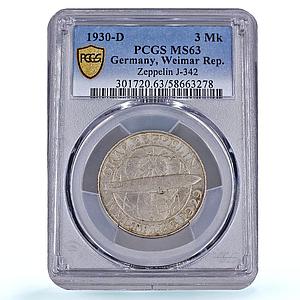 Germany Weimar 3 mark Graf Zeppelin Airship J-342 MS 63 PCGS silver coin 1930 D