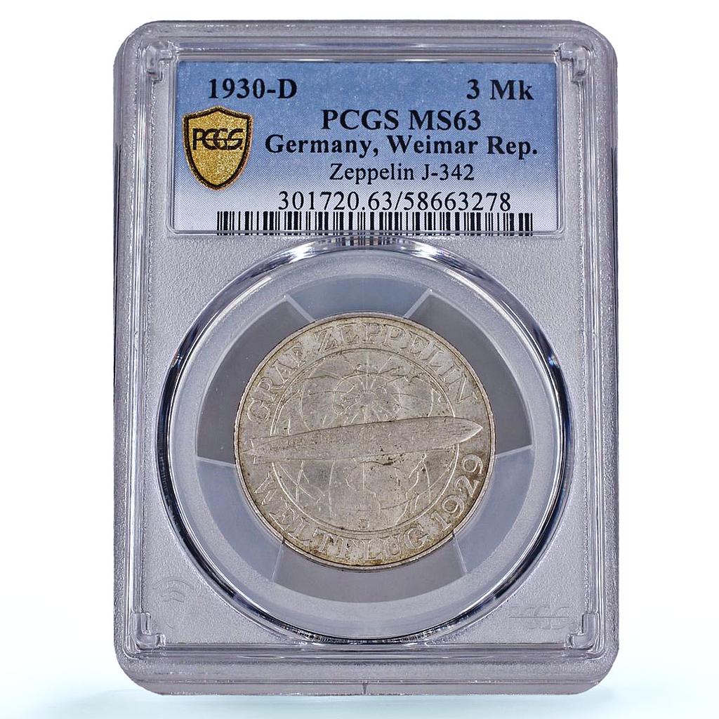 Germany Weimar 3 mark Graf Zeppelin Airship J-342 MS 63 PCGS silver coin 1930 D