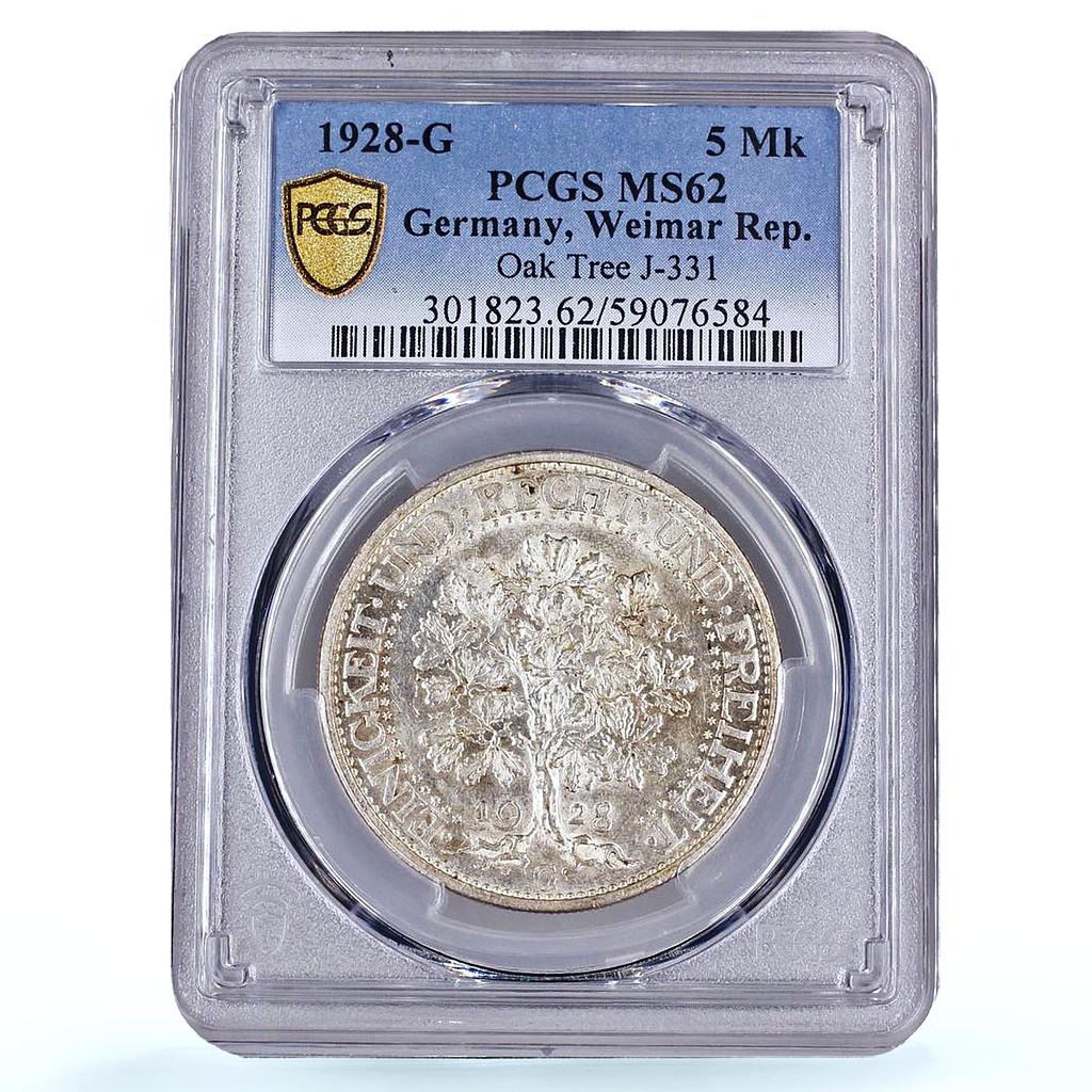 Germany Weimar 5 mark Oak Tree J-331 KM-56 MS 62 PCGS silver coin 1928 J