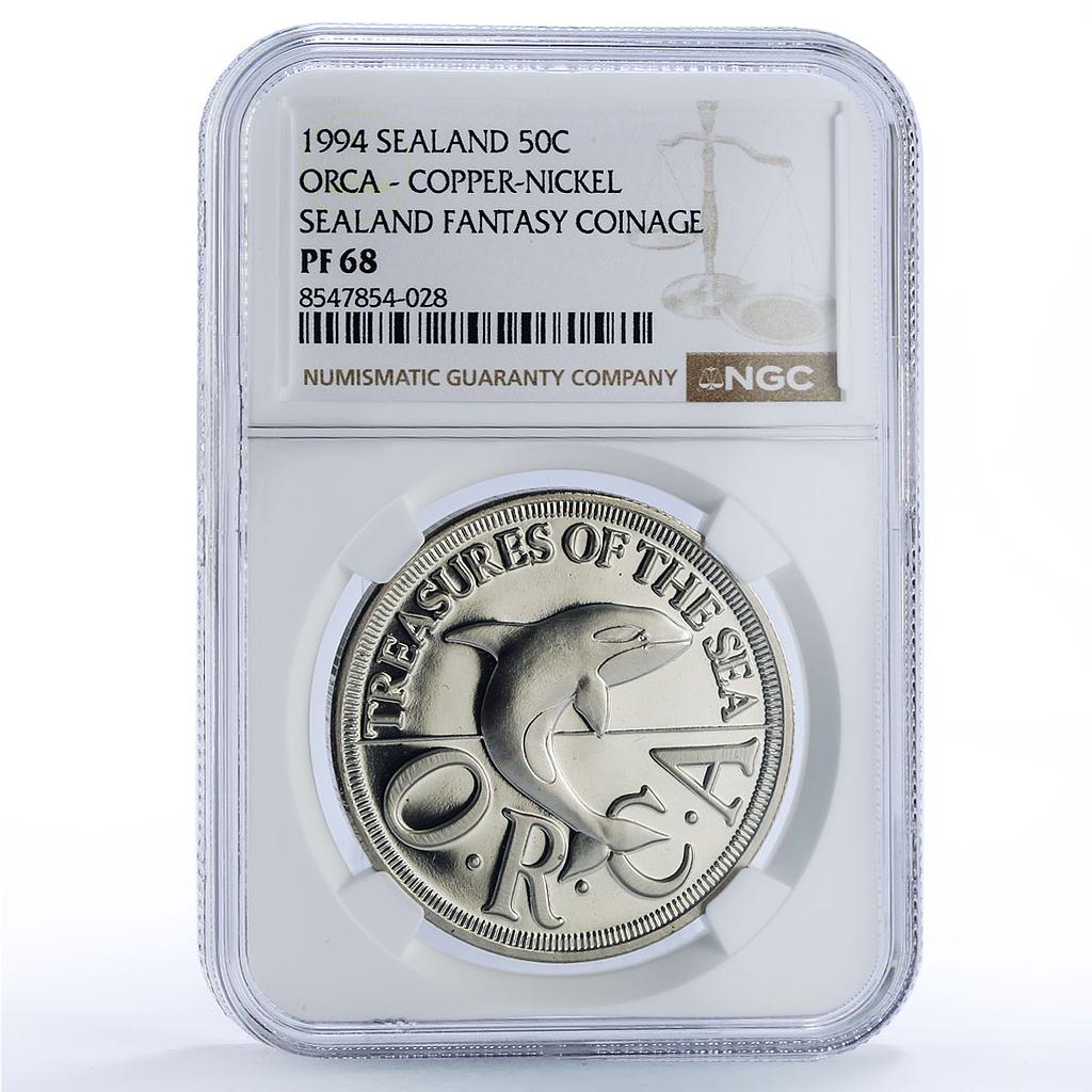 Sealand 50 cents Orca Whale Sea Treasures Fantasy X#8.1 PF68 NGC CuNi coin 1994