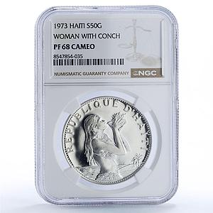 Haiti 50 gourdes Woman on the Beach Fineness Left PF68 NGC silver coin 1973