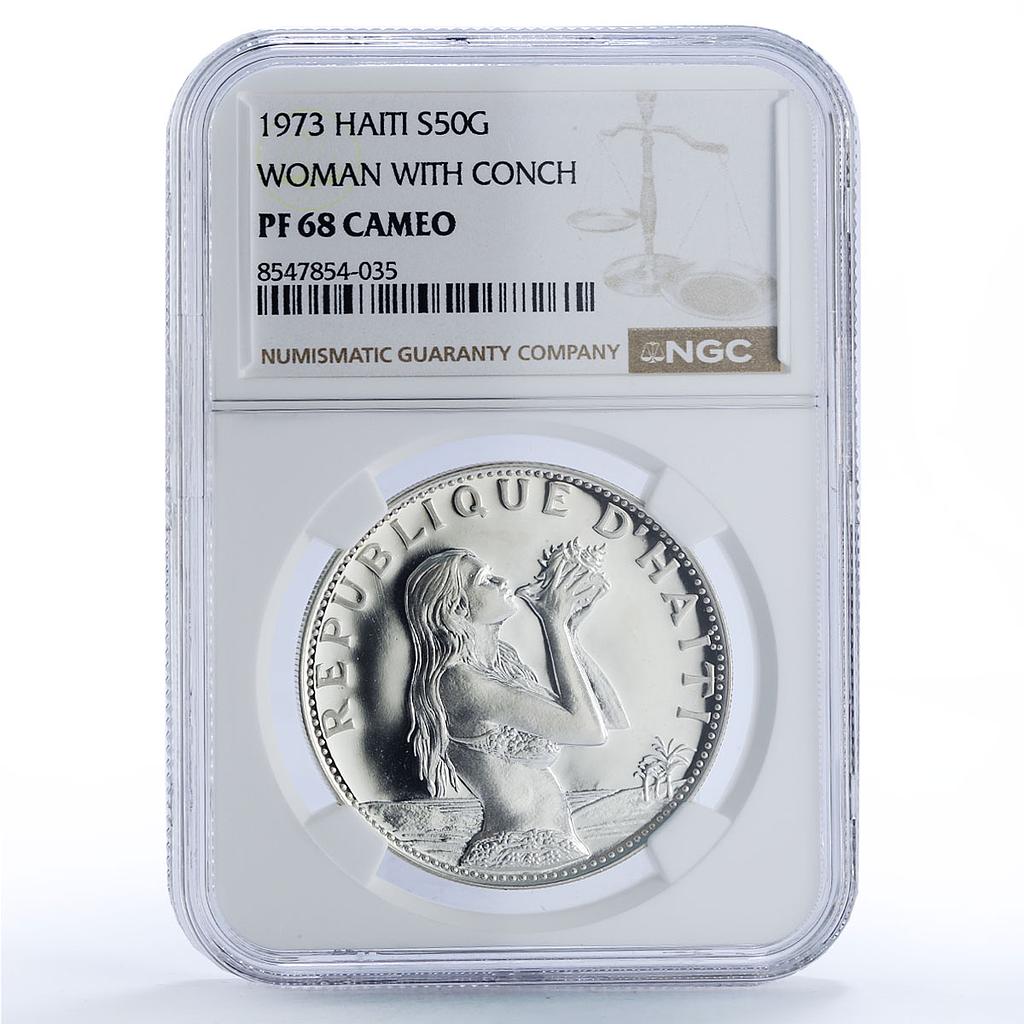 Haiti 50 gourdes Woman on the Beach Fineness Left PF68 NGC silver coin 1973