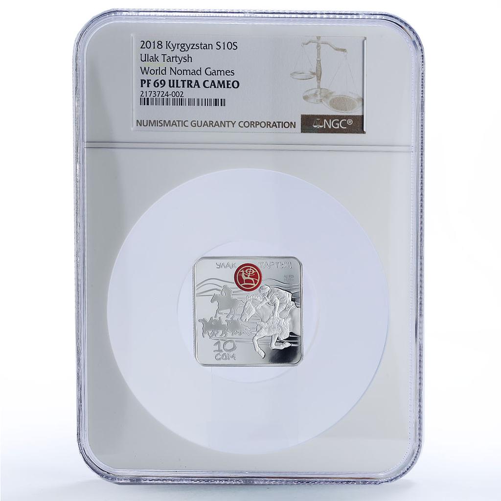 Kyrgyzstan 10 som Ulak Tartysh Horsemans Nomad Games PF 69 NGC silver coin 2018