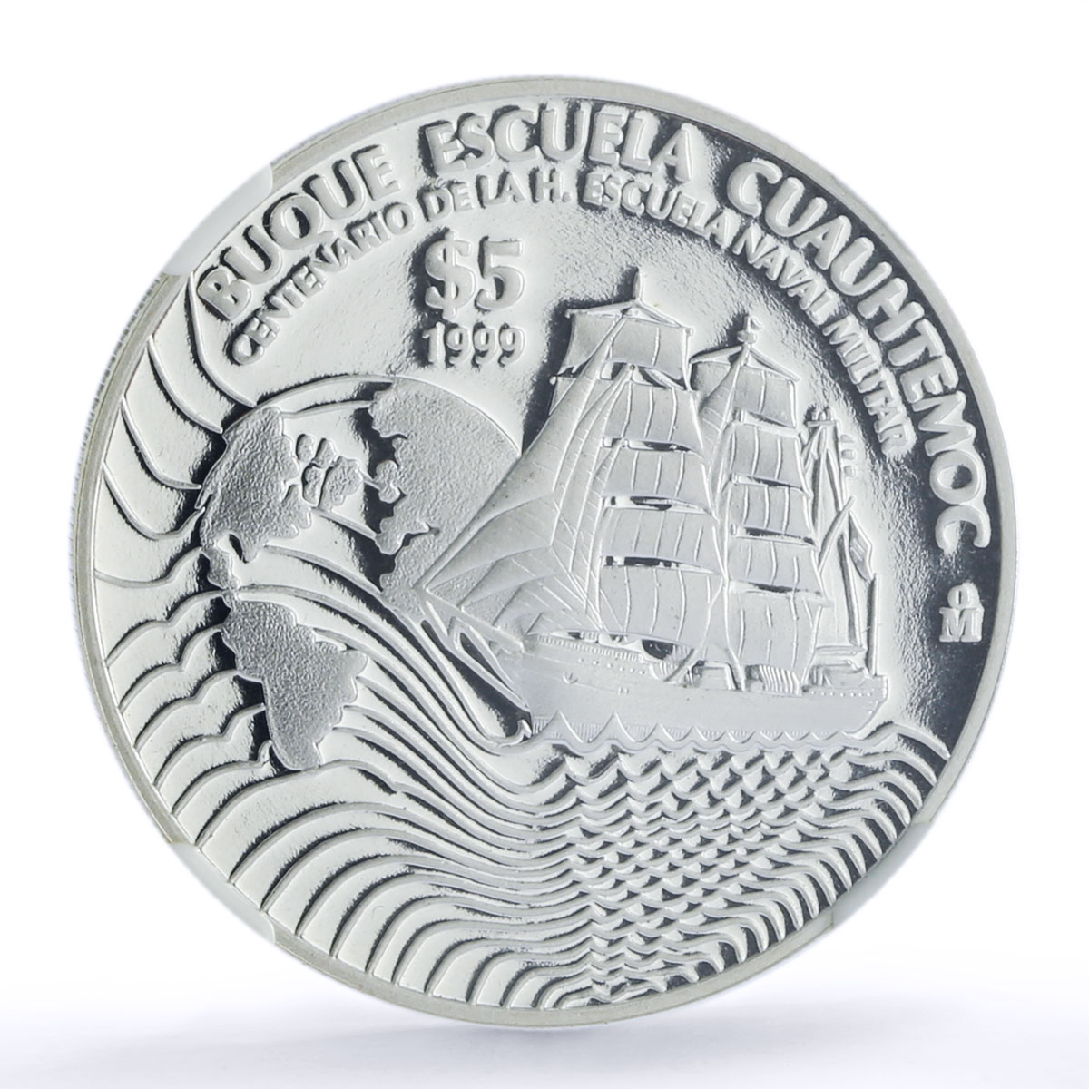 Mexico 5 pesos Cuauhtemoc Centennial Navy School Ship PF 68 NGC silver coin 1999