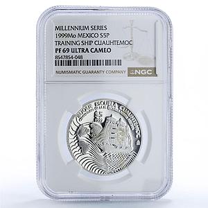 Mexico 5 pesos Cuauhtemoc Centennial Navy School Ship PF 69 NGC silver coin 1999