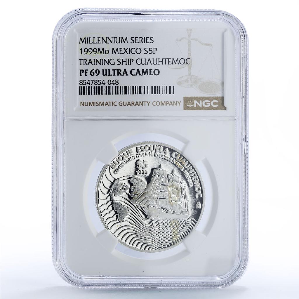 Mexico 5 pesos Cuauhtemoc Centennial Navy School Ship PF 69 NGC silver coin 1999