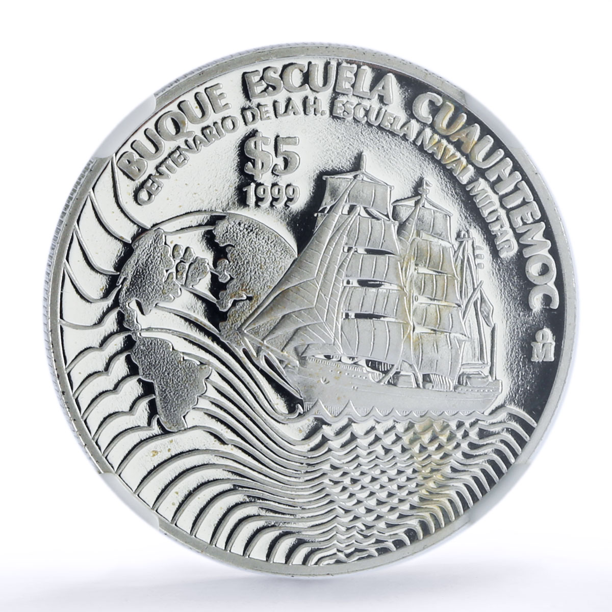 Mexico 5 pesos Cuauhtemoc Centennial Navy School Ship PF 69 NGC silver coin 1999