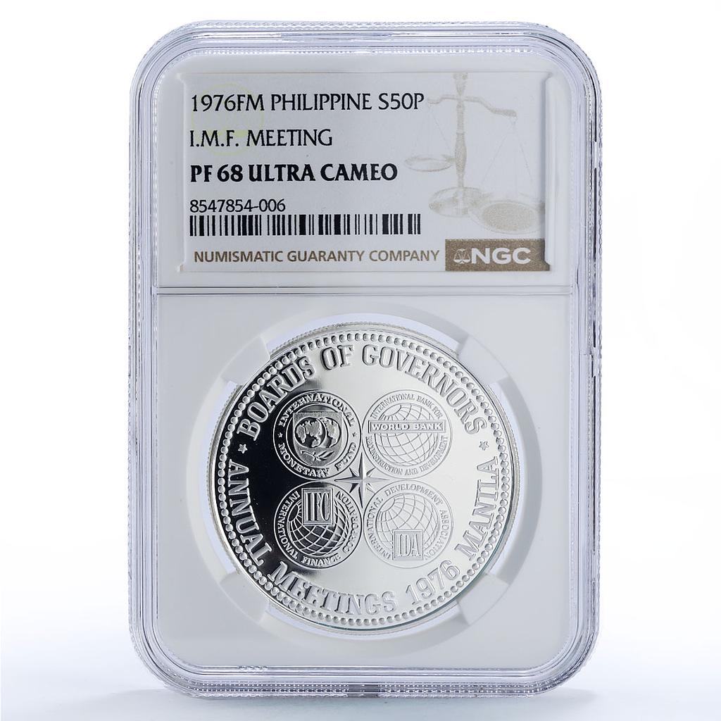 Philippines 50 piso Boards of Governors Meeting IMF PF68 NGC silver coin 1976
