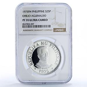 Philippines 25 piso New Society Emilio Aguinaldo PF70 NGC silver coin 1975