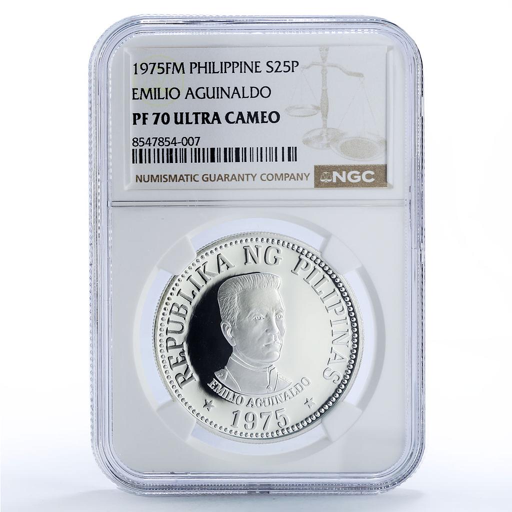 Philippines 25 piso New Society Emilio Aguinaldo PF70 NGC silver coin 1975