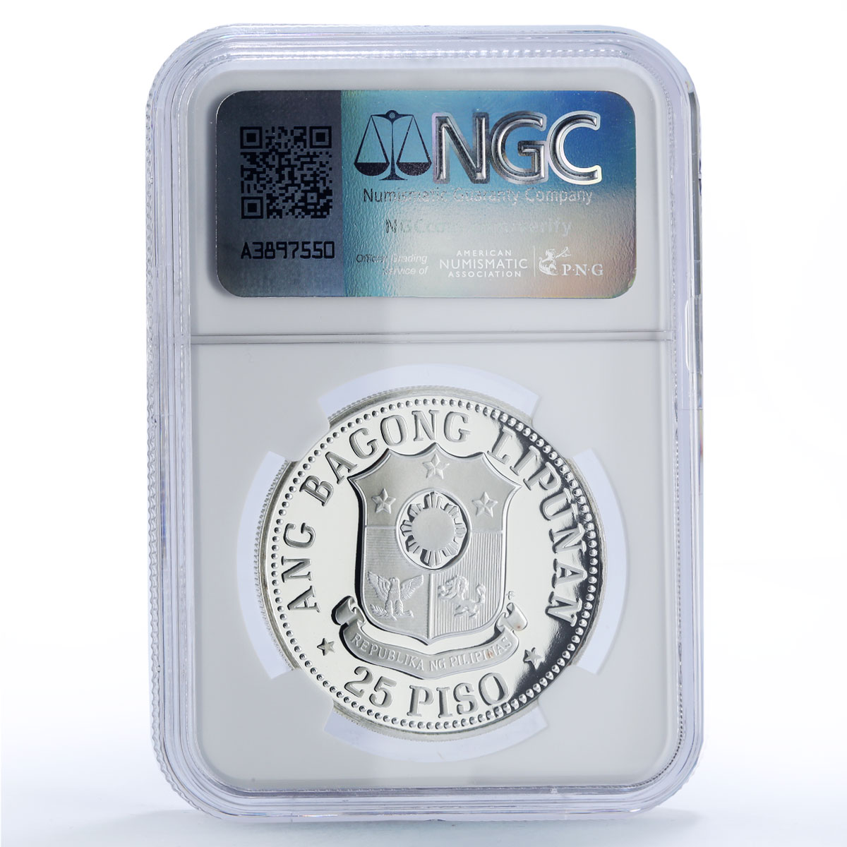Philippines 25 piso New Society Emilio Aguinaldo PF70 NGC silver coin 1975