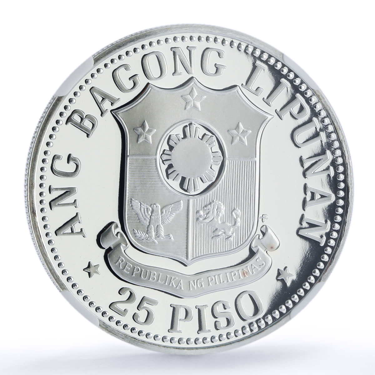 Philippines 25 piso New Society Emilio Aguinaldo PF70 NGC silver coin 1975