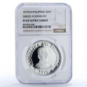Philippines 25 piso New Society Emilio Aguinaldo PF69 NGC silver coin 1975