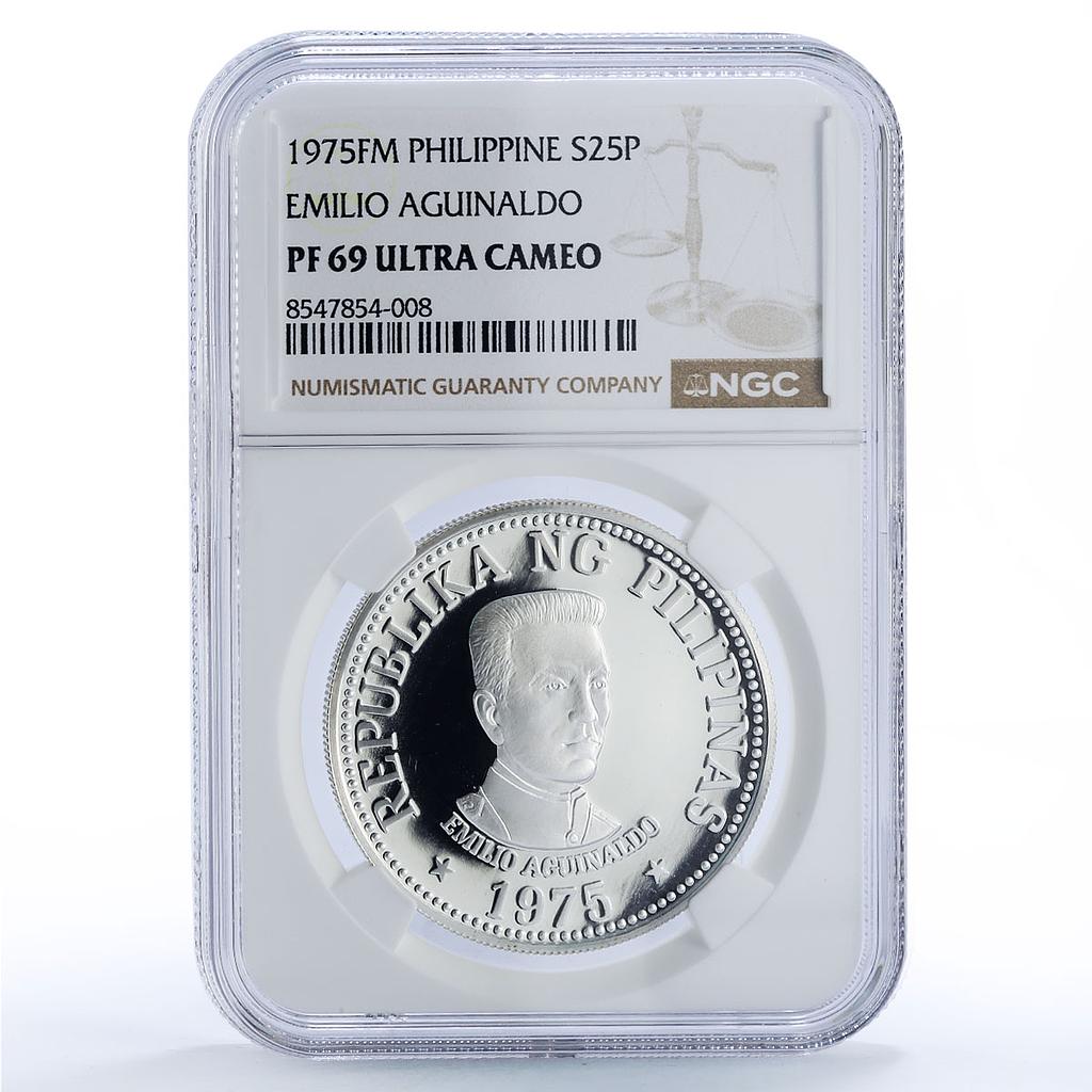 Philippines 25 piso New Society Emilio Aguinaldo PF69 NGC silver coin 1975