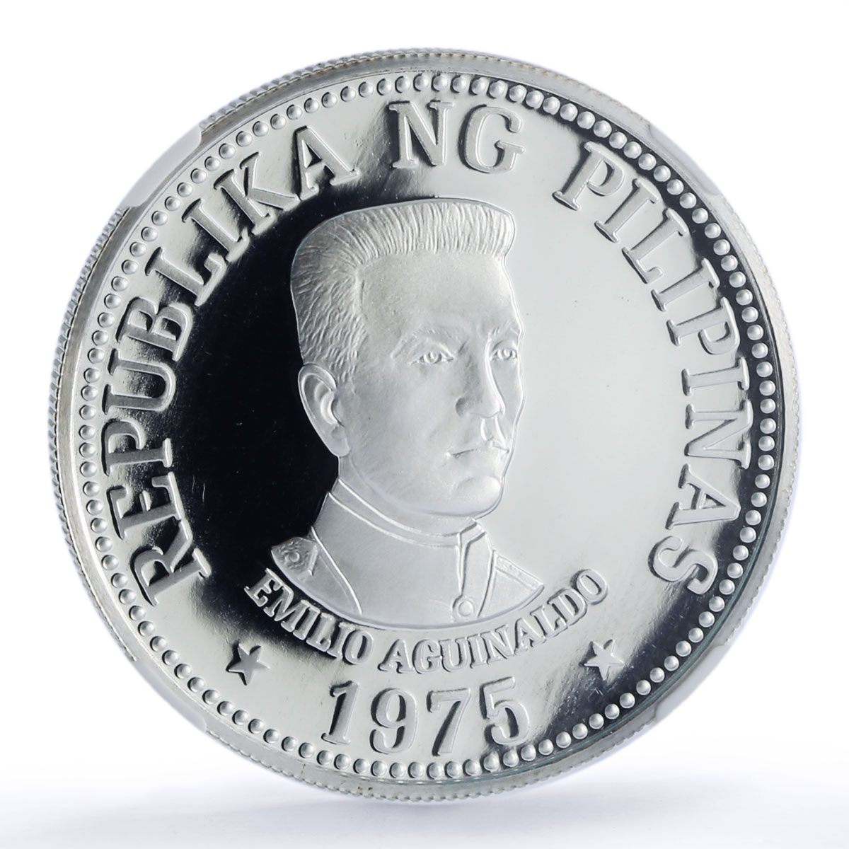 Philippines 25 piso New Society Emilio Aguinaldo PF69 NGC silver coin 1975