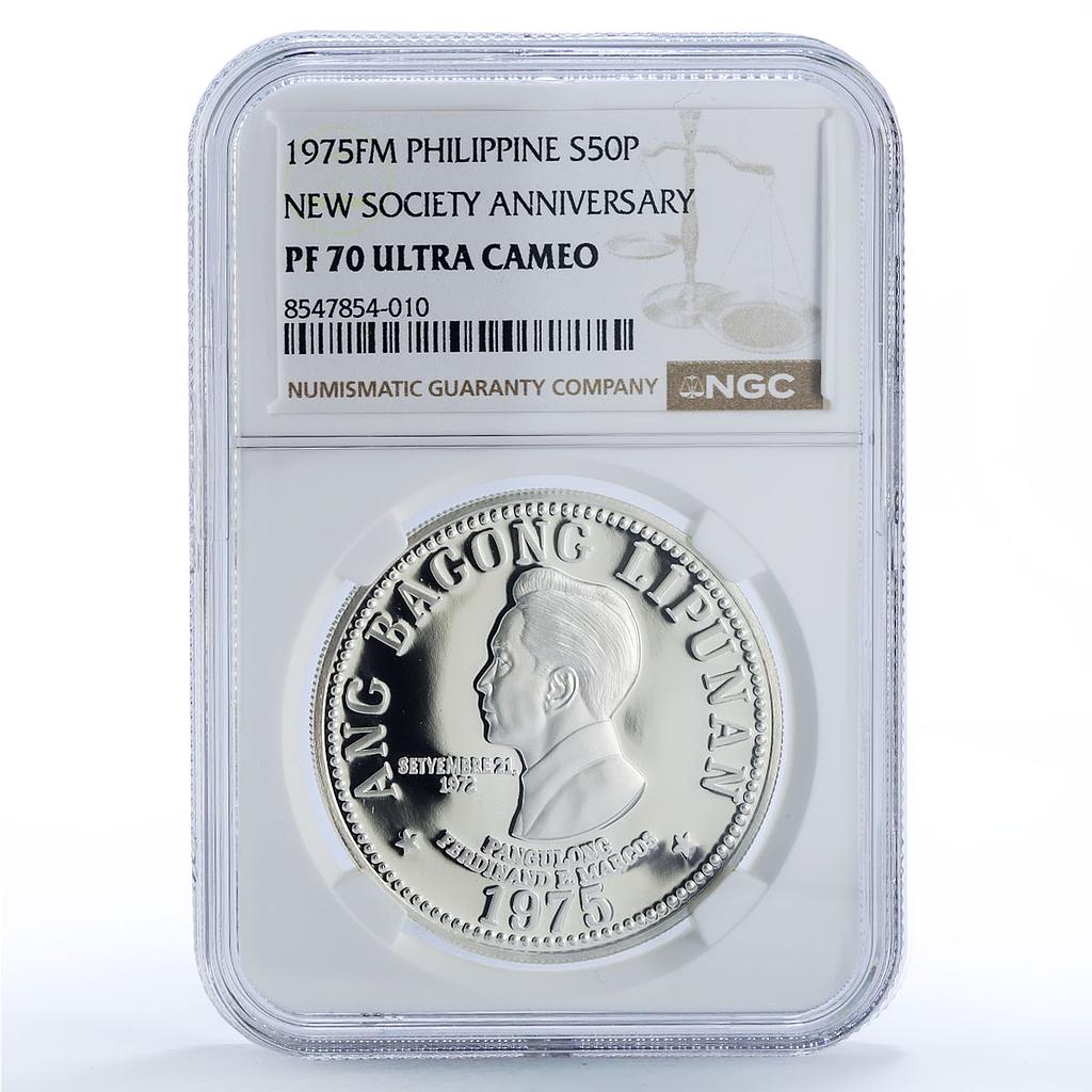Philippines 50 piso New Society Ferdinand E. Marcos PF70 NGC silver coin 1975