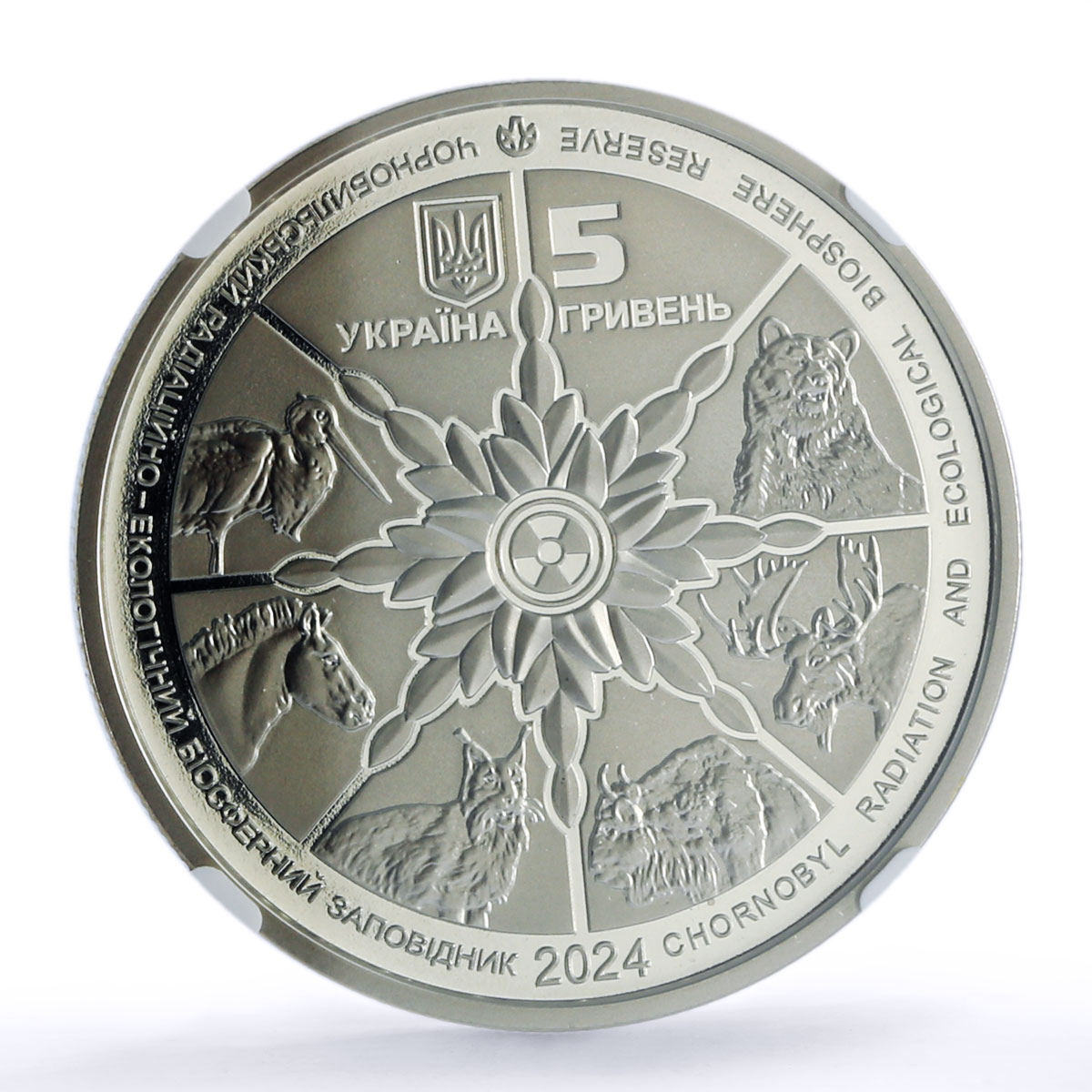 Ukraine 5 hryvnias Black Stork Chornobyl Reserve Bird Fauna MS70 NGC coin 2024