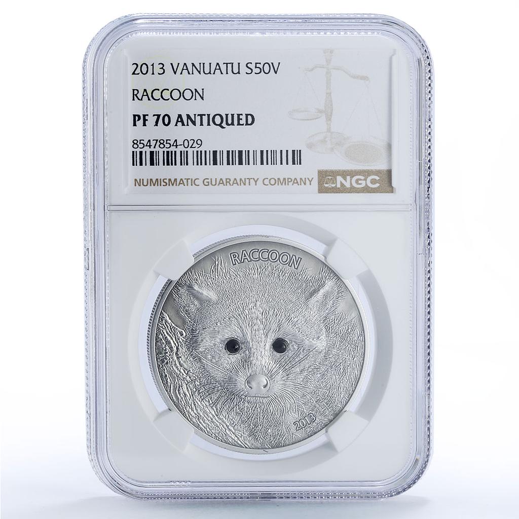 Vanuatu 50 vatu Raccoon Forest Animals Fauna PF70 NGC silver coin 2013