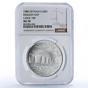 Vietnam 100 dong Dragon Boat Large 100 History Ship MS 70 NGC silver coin 1988