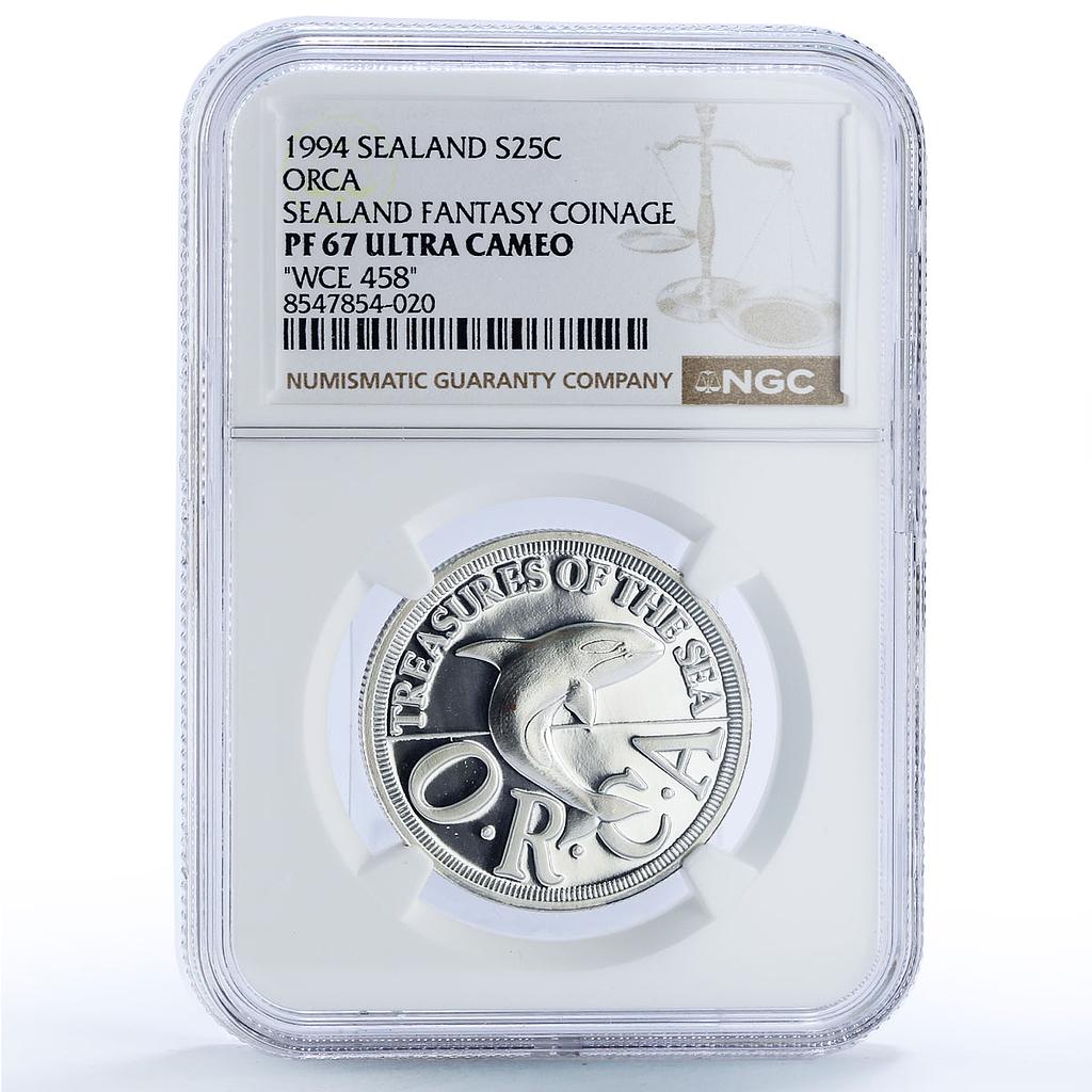 Sealand 25 cents Orca Whale Sea Treasures Fantasy PF68 NGC silver coin 1994