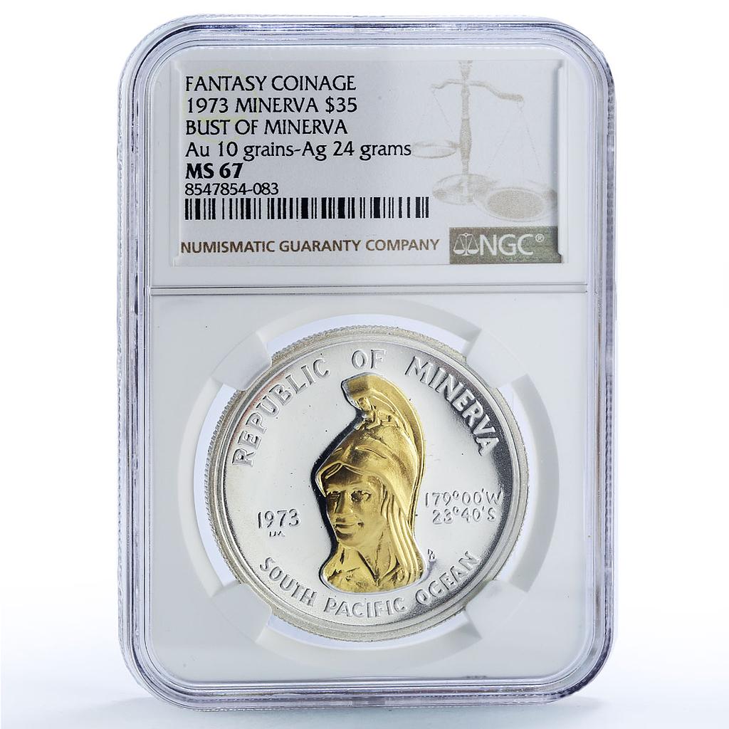 Minerva 35 dollars Helmeted Woman Fantasy X#1 Gilt MS 67 NGC silver coin 1973