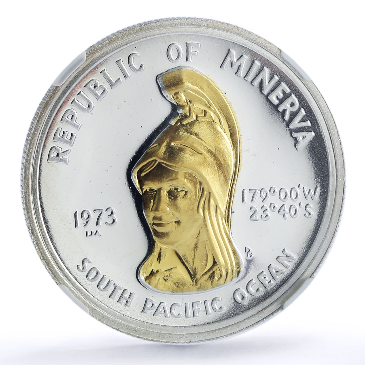 Minerva 35 dollars Helmeted Woman Fantasy X#1 Gilt MS 67 NGC silver coin 1973