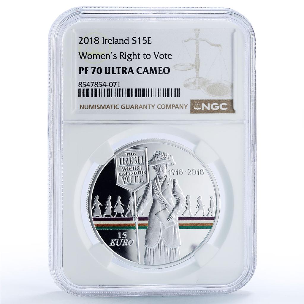 Ireland 15 euro Women Right to Vote History Politics PF 70 NGC silver coin 2018