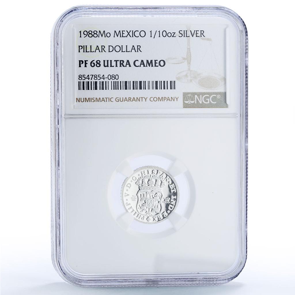 Mexico Pillar Dollar 8 Reales 1732 Restrike 1/10 oz PF 68 NGC silver medal 1988