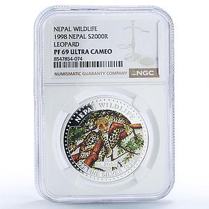 Nepal 2000 rupees Leopard Wildlife Fauna Color PF 69 NGC silver coin 1998
