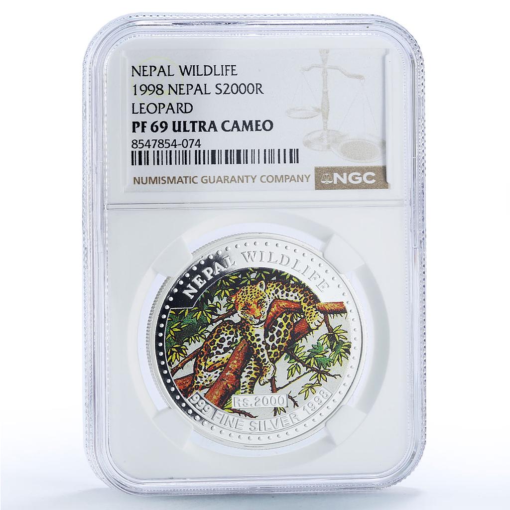 Nepal 2000 rupees Leopard Wildlife Fauna Color PF 69 NGC silver coin 1998