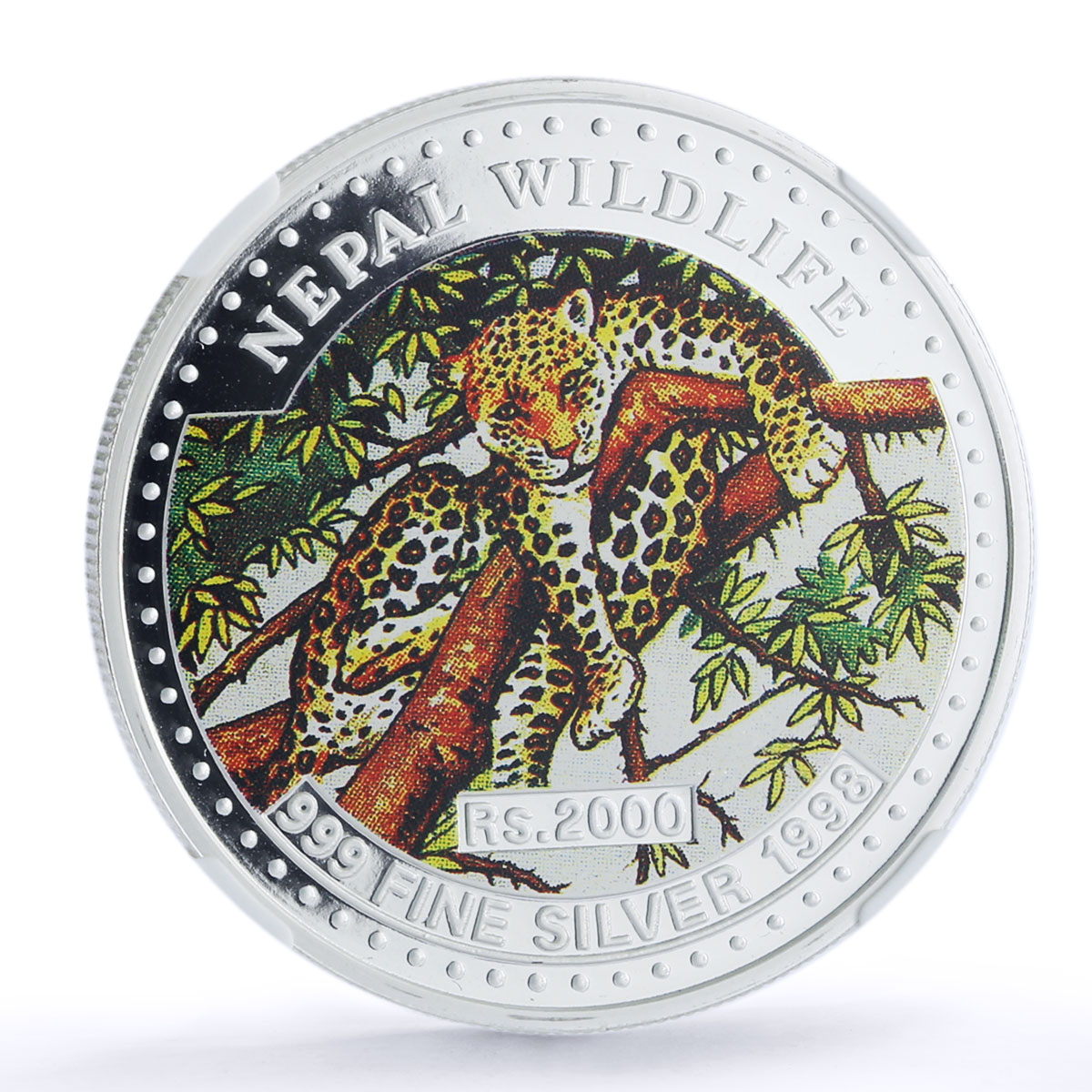 Nepal 2000 rupees Leopard Wildlife Fauna Color PF 69 NGC silver coin 1998