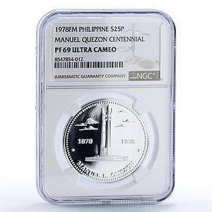 Philippines 25 piso Quezon Memorial Shrine History PF69 NGC silver coin 1978