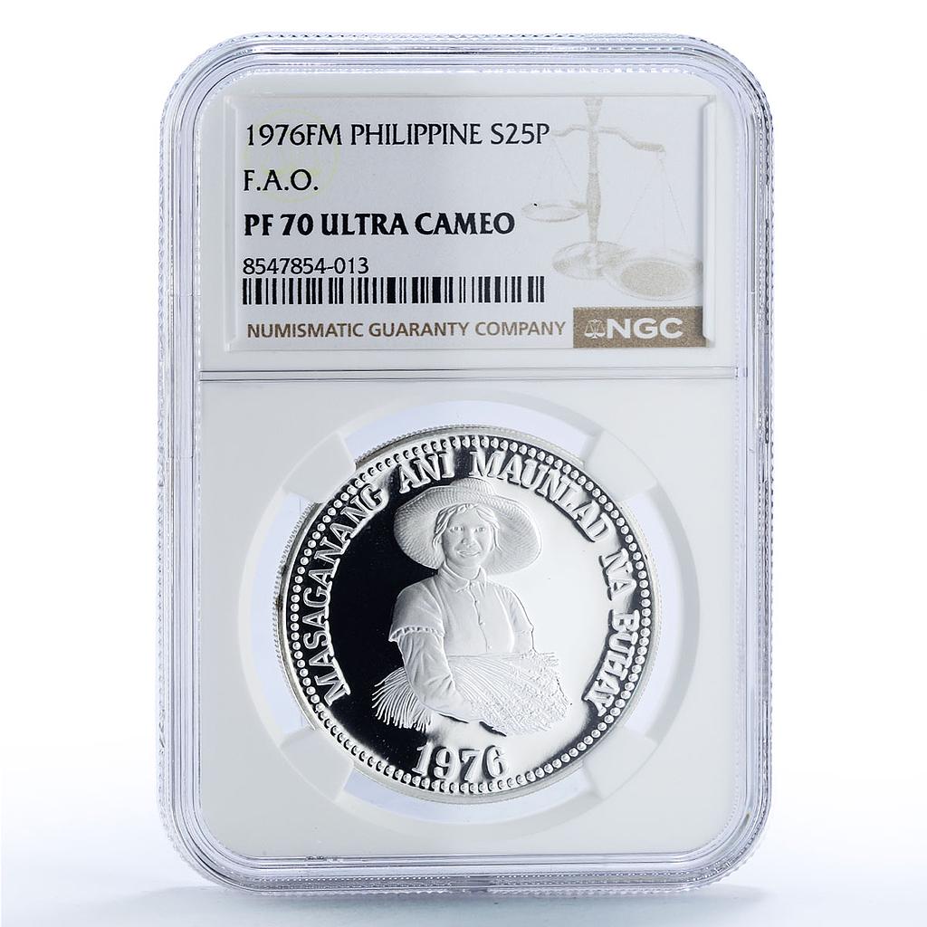 Philippines 25 piso FAO World Food Day Woman PF70 NGC silver coin 1976