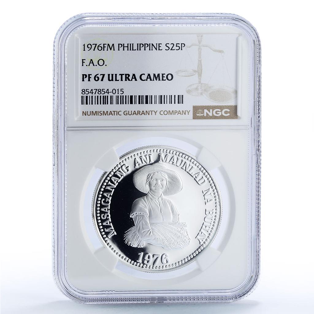 Philippines 25 piso FAO World Food Day Woman PF67 NGC silver coin 1976