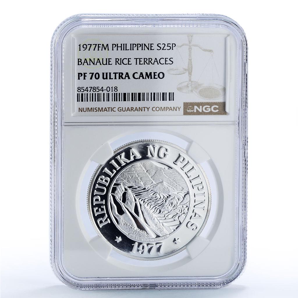 Philippines 25 piso FAO World Food Day Banaue Terraces PF70 NGC silver coin 1977