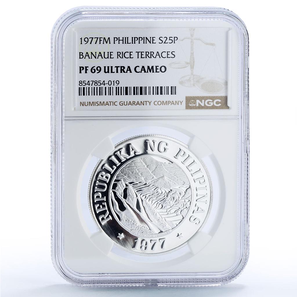 Philippines 25 piso FAO World Food Day Banaue Terraces PF69 NGC silver coin 1977