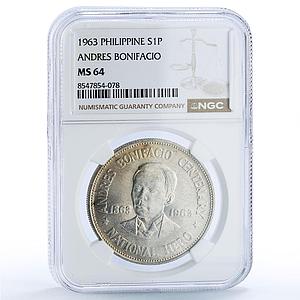 Philippines 1 peso Andres Bonifacio History Politics MS 64 NGC silver coin 1963
