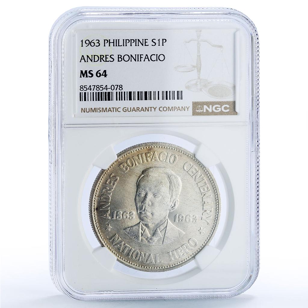 Philippines 1 peso Andres Bonifacio History Politics MS 64 NGC silver coin 1963