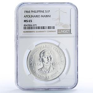 Philippines 1 peso Apolinario Mabini History Politics MS 65 NGC silver coin 1964