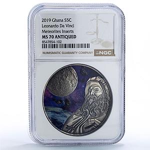 Ghana 5 cedis Da Vinci Meteorite Moon Planets Space MS 70 NGC silver coin 2019