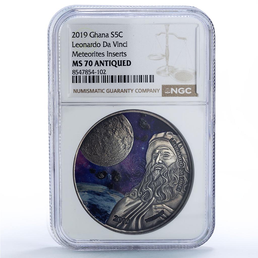 Ghana 5 cedis Da Vinci Meteorite Moon Planets Space MS 70 NGC silver coin 2019