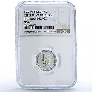 Indonesia 5 sen Riau Coinage Sukarno KM-6 MS 63 NGC aluminum coin 1962