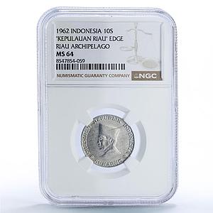 Indonesia 10 sen Riau Coinage Sukarno KM-7 MS 64 NGC aluminum coin 1962