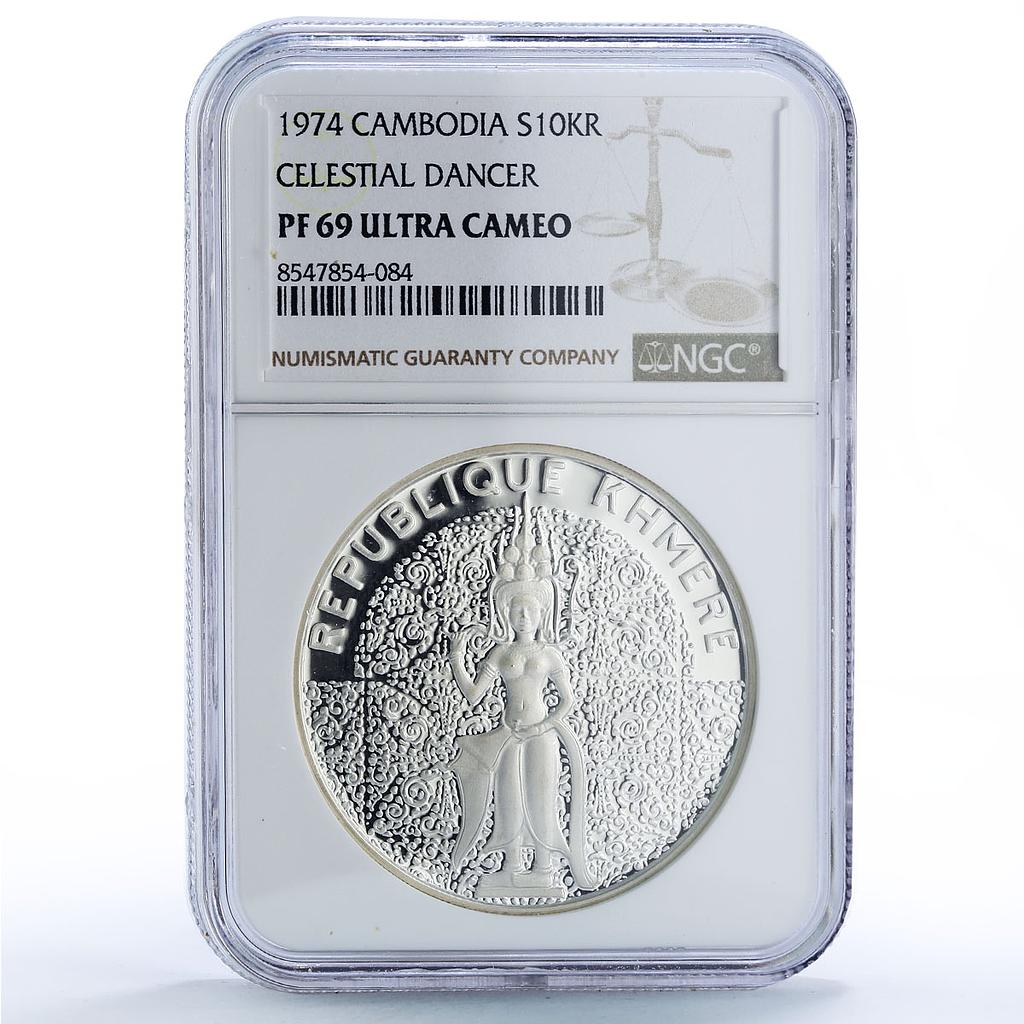Cambodia 10000 riels Celestial Dancer Khmer Republic PF 69 NGC silver coin 1974