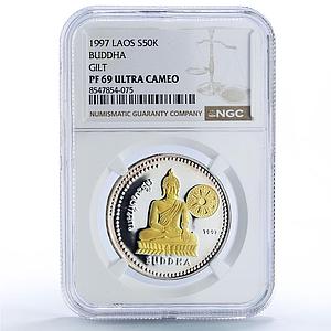 Laos 50 kip Buddha w/ Wheel Buddhism Religion Gilt PF 69 NGC silver coin 1997