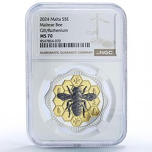 Malta 5 euro Maltese Bee Nature Wildlife Fauna Gilt MS 70 NGC silver coin 2024
