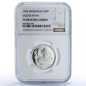 Mongolia 50 togrog Ugedei Khan History PF 68 NGC silver coin 1992