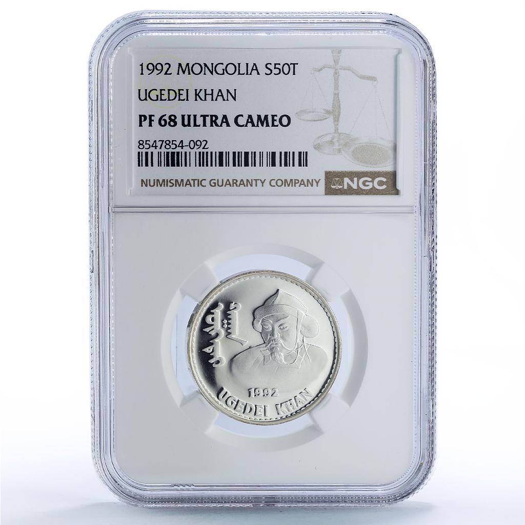 Mongolia 50 togrog Ugedei Khan History PF 68 NGC silver coin 1992