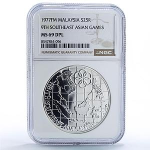Malaysia 25 ringgit 9th South East Asian Games Sports MS 69 NGC silver coin 1977