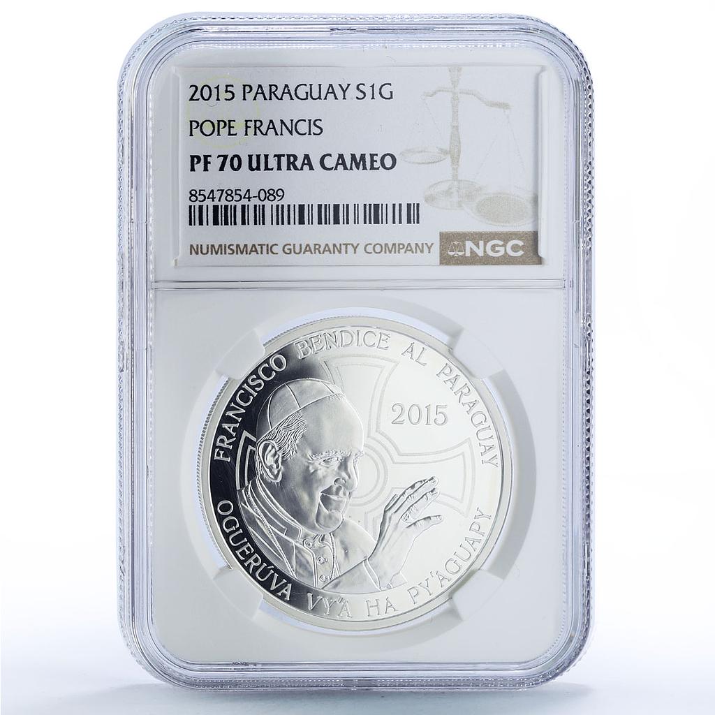 Paraguay 1 guarani Papal Visit Pope Francis Religion PF 70 NGC silver coin 2015